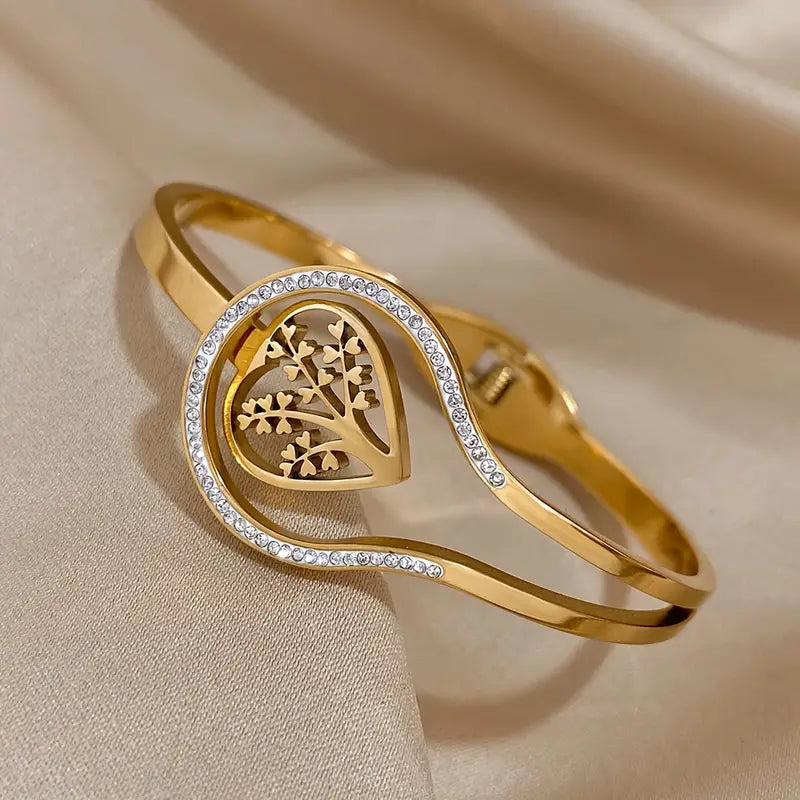 Heart Tree 18K Gold Plated Bracelet with Rhinestones