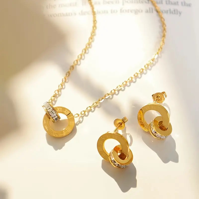 14K Gold-Plated Crystal Roman Numerals Jewelry Set.