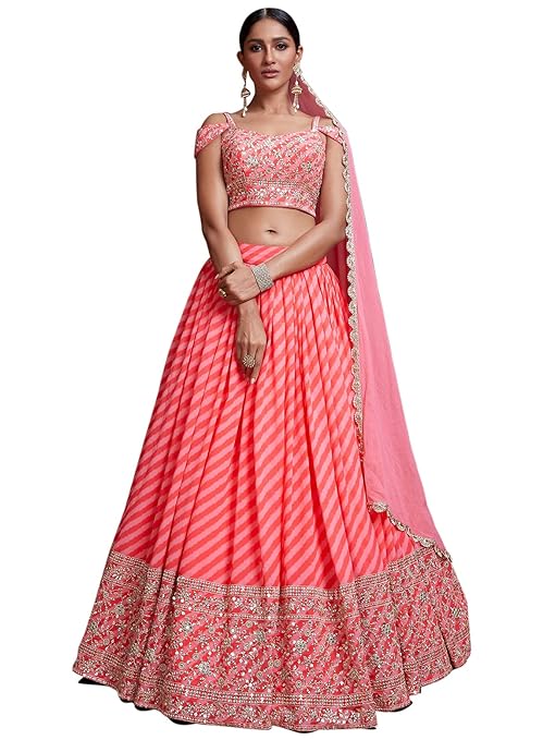 Women Peach & Gold Embellished Lehenga Set
