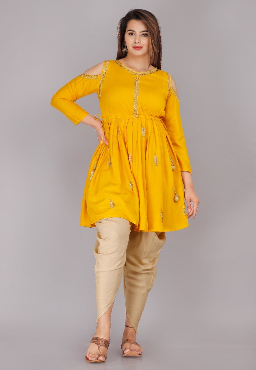 Golden Yellow Embroidered Tunic Top & Jodhpur's Co-Ord Set