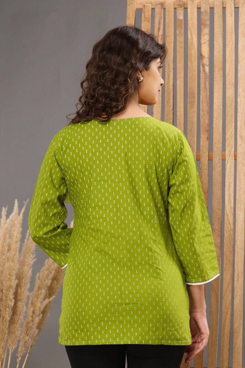 Green Cotton Printed Short Kurti
