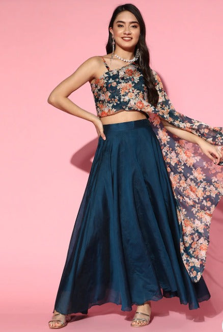 Women Charming Printed Top with Solid Skirt