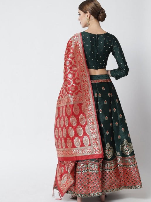 Green & Red Printed Ready to Wear Lehenga & stitched Blouse With Dupatta