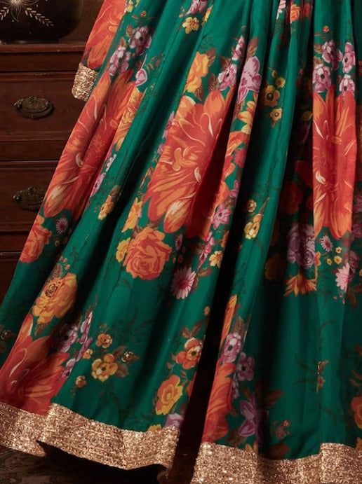 Green And Orange Embroidered Sequinned Lehenga & Blouse With Dupatta