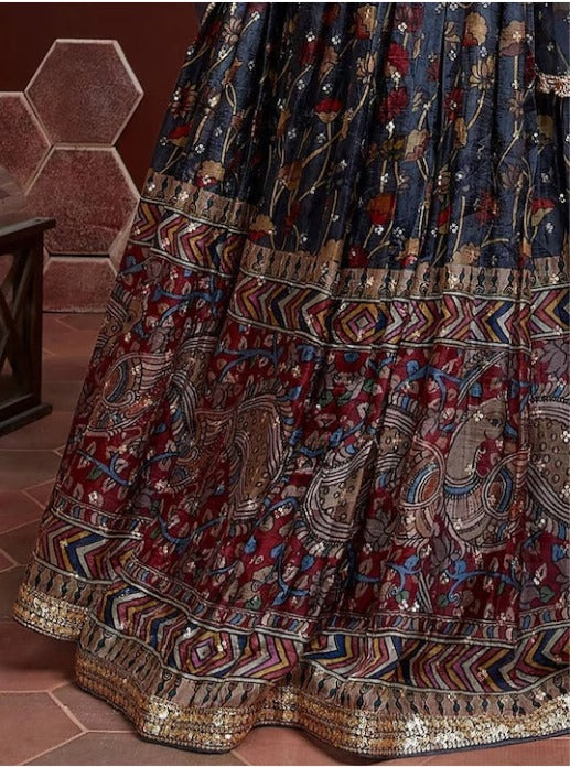 Blue & Pink Embellished Lehenga & Blouse With Dupatta