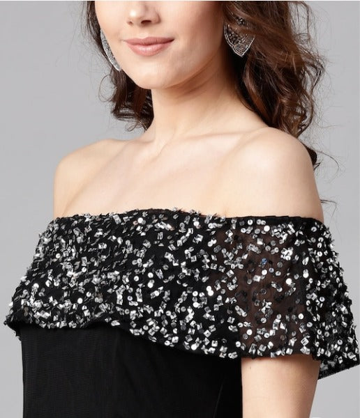 Women Black Embellished Detail Net Maxi Dress