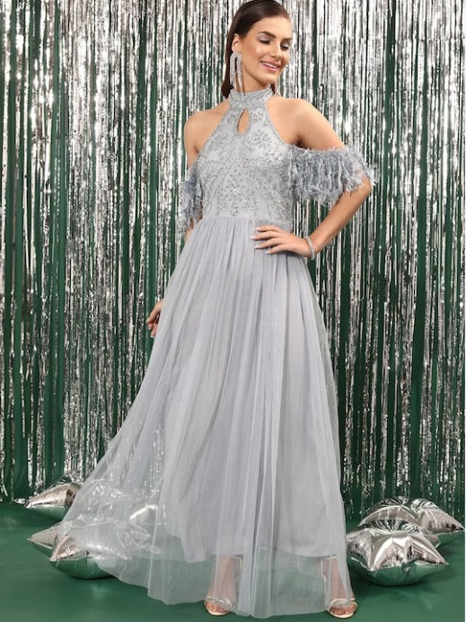 Embellished Choker Neck Cold-Shoulder Sleeves Net A-Line Gown