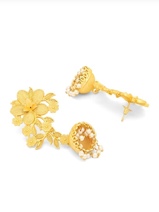 Woman Gold Plated Floral Designed Long Jhumka Earring