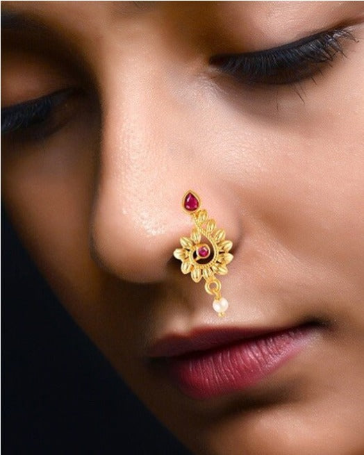 Gold-Plated Stone-Studded & Pearl Beaded Nath Nathiya