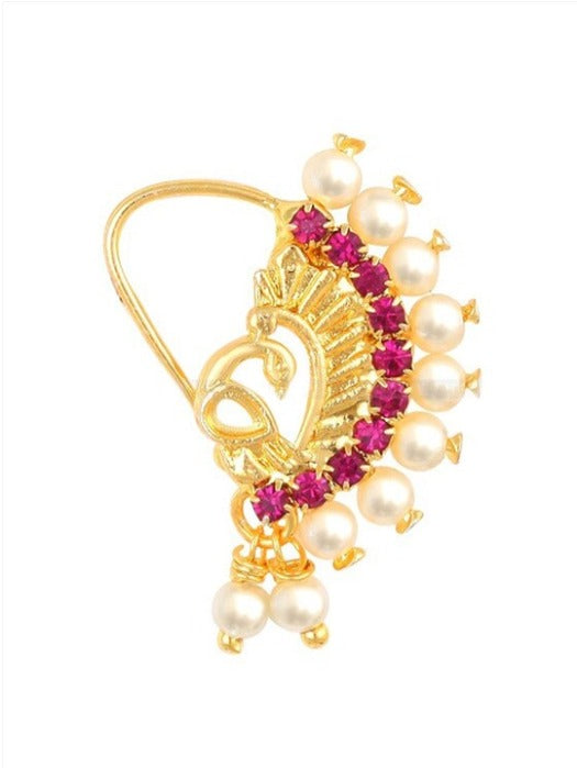 Gold-Plated Stone-Studded & Pearl Beaded Ring Nosepin