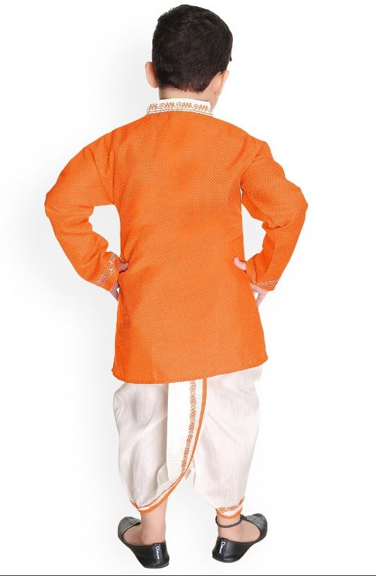Boys Printed Thread Work Angrakha Pure Cotton Kurta with Dhoti Pants