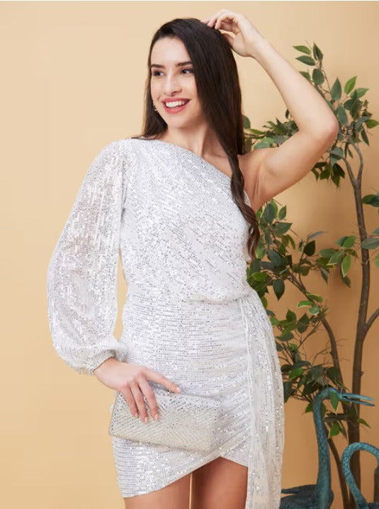 Women White Embellished One Shoulder Party Bodycon Dress