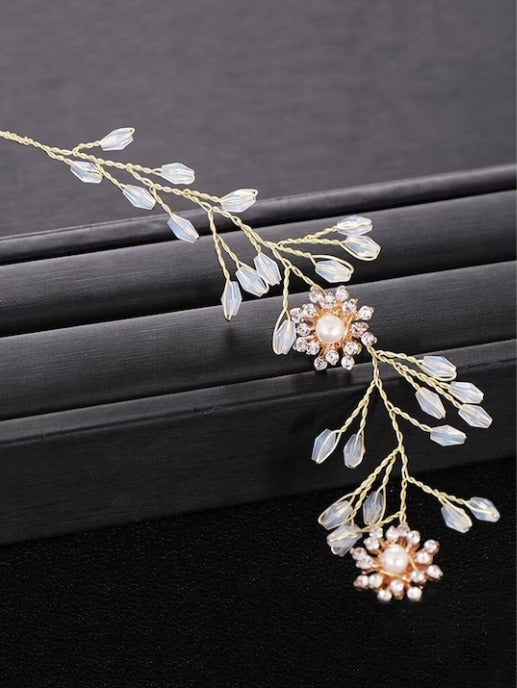 Women Peach-Coloured & White Embellished Hand Made Pearl Floral Hair Vine