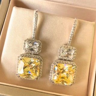 Square Crystal Drop Earrings in White & Yellow.