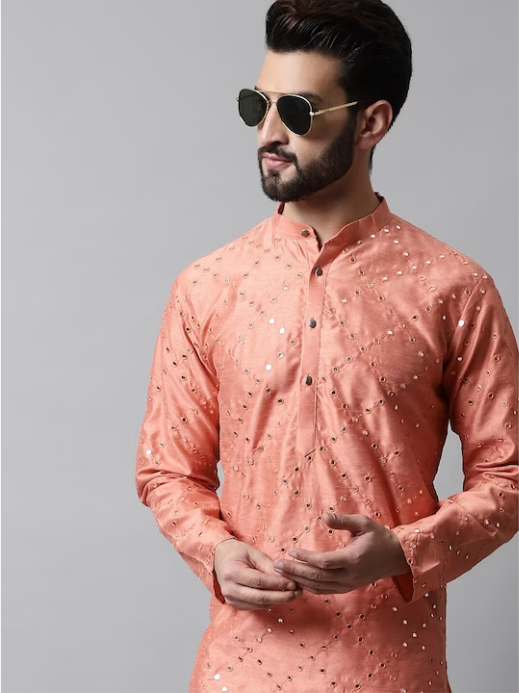 Men Embroidered Mirror Work Dupioni Silk Kurta with Pyjamas