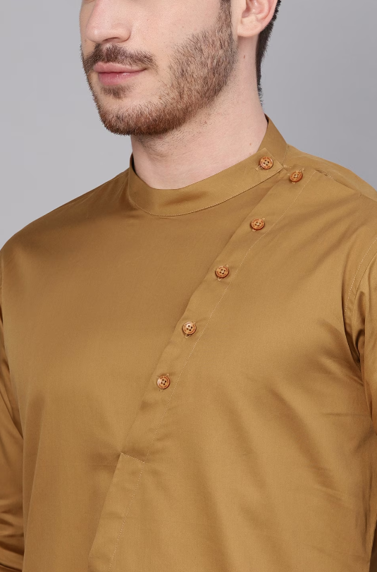 Men Khaki & White Solid Kurta with Trousers