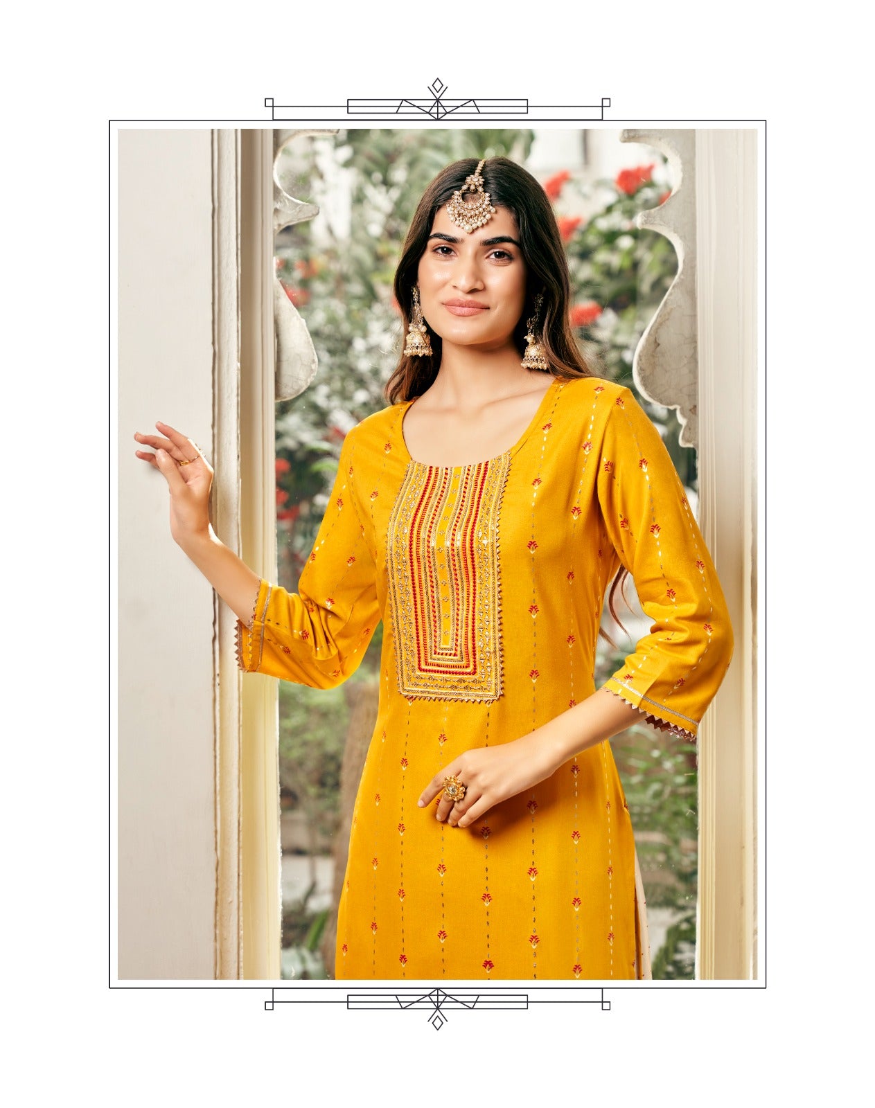 Golden Yellow Tunic & Printed Flared Bottom Set