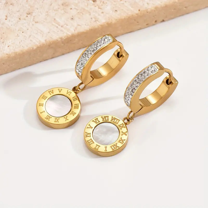 14K Golden Rhinestone Roman Numerals Earrings