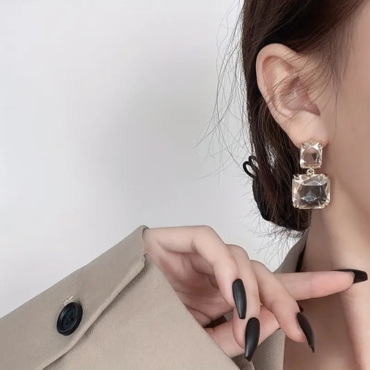 See-Through Crystal Square Design Drop Stud Earrings.