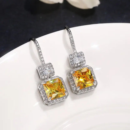 Square Crystal Drop Earrings in White & Yellow.
