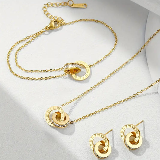 14K Gold-Plated Crystal Roman Numerals Jewelry Set.