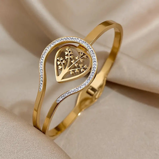 18K Gold Plated Heart Tree Design Bracelet with Rhinestones.