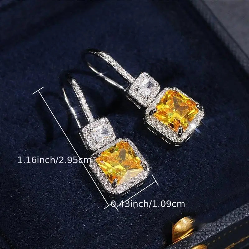 Square Crystal Drop Earrings in White & Yellow.