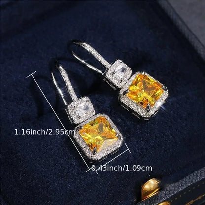 Square Crystal Drop Earrings in White & Yellow.