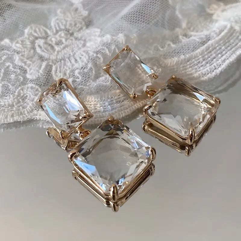 See-Through Crystal Square Design Drop Stud Earrings.
