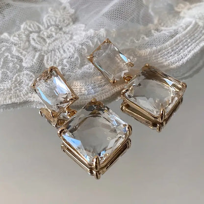 See-Through Crystal Square Design Drop Stud Earrings.
