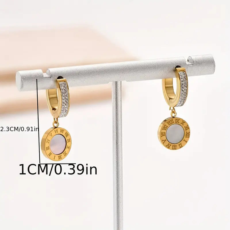 Rhinestone Roman Numerals Earrings with 14K Gold Plating.