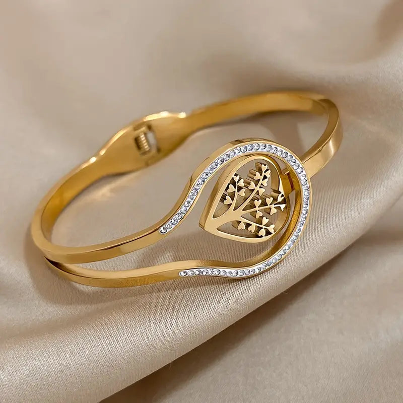 18K Gold Plated Heart Tree Design Bracelet with Rhinestones.