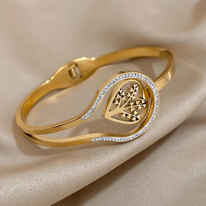 18K Gold Plated Heart Tree Design Bracelet with Rhinestones.