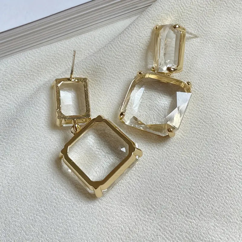 See-Through Crystal Square Design Drop Stud Earrings.