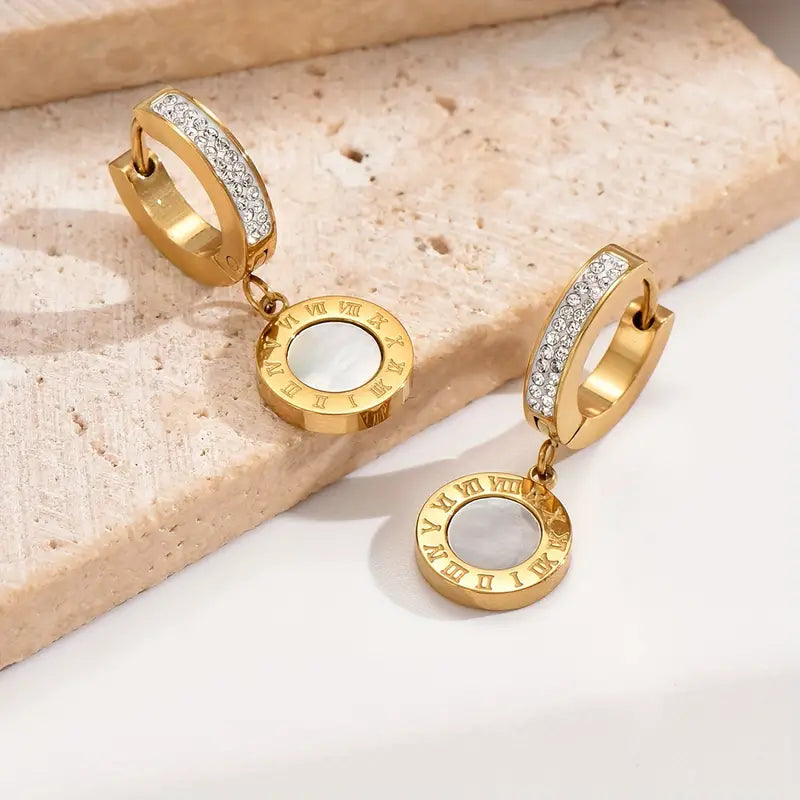 14K Golden Rhinestone Roman Numerals Earrings