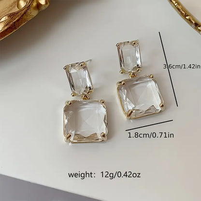 See-Through Crystal Square Design Drop Stud Earrings.