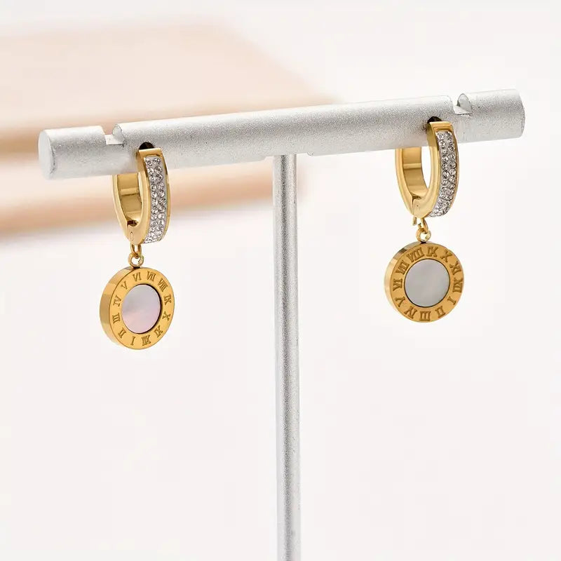 14K Golden Rhinestone Roman Numerals Earrings