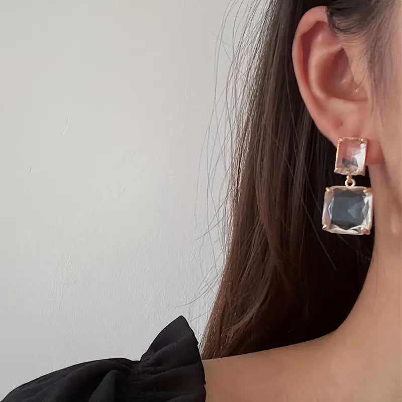 See-Through Crystal Square Design Drop Stud Earrings.