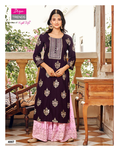 Traditional Aubergine Long Tunic with Candy Pink Flared Bottoms