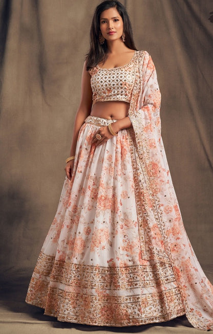 White & Peach-Coloured Embroidered Sequinned Shibori Lehenga & Blouse With Dupatta