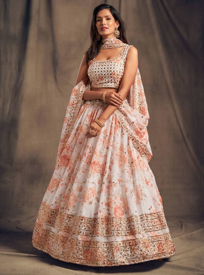 White & Peach-Coloured Embroidered Sequinned Shibori Lehenga & Blouse With Dupatta