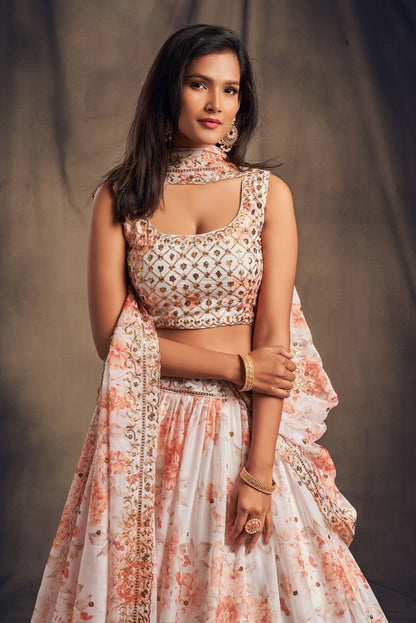 White & Peach-Coloured Embroidered Sequinned Shibori Lehenga & Blouse With Dupatta