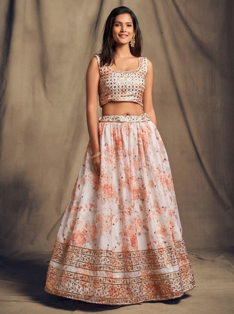 White & Peach-Coloured Embroidered Sequinned Shibori Lehenga & Blouse With Dupatta