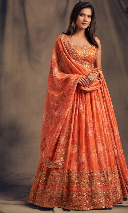 Orange & Gold-Toned Embroidered Sequinned Shibori Lehenga &  Blouse With Dupatta