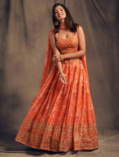 Orange & Gold-Toned Embroidered Sequinned Shibori Lehenga &  Blouse With Dupatta