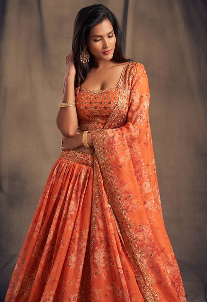 Orange & Gold-Toned Embroidered Sequinned Shibori Lehenga &  Blouse With Dupatta