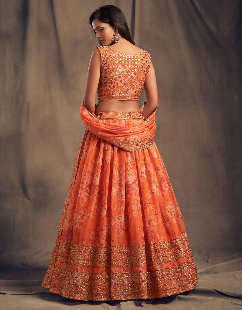 Orange & Gold-Toned Embroidered Sequinned Shibori Lehenga &  Blouse With Dupatta