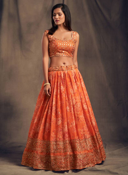 Orange & Gold-Toned Embroidered Sequinned Shibori Lehenga &  Blouse With Dupatta