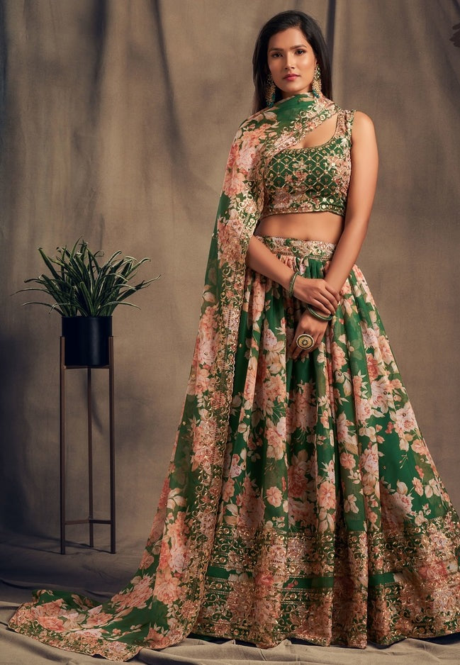 Green & Pink Embroidered Sequinned Shibori Lehenga & Blouse With Dupatta