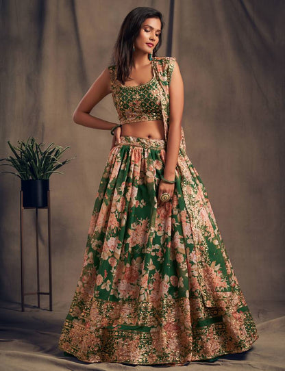 Green & Pink Embroidered Sequinned Shibori Lehenga & Blouse With Dupatta